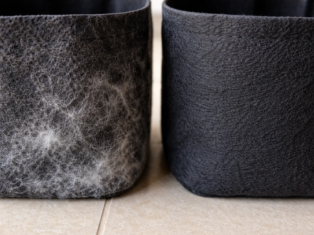 Close-up of a grow bag with white/gray fuzzy mold beside a cleaned, dried grow bag ready for reuse