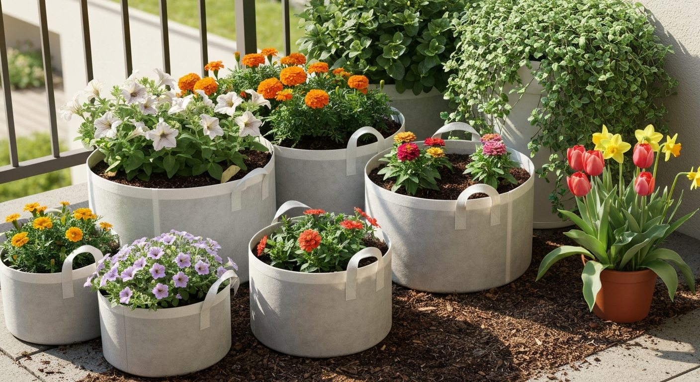 Assorted colorful flowers—petunias, marigolds, zinnias, calibrachoa, lavender, tulips, daffodils—growing in various sized fabric grow bags on a sunny patio.