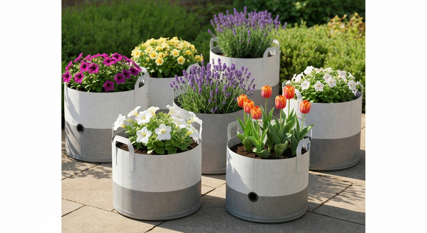 Several fabric grow bags with flowering plants on a sunny patio, showing fabric texture and colorful blooms.