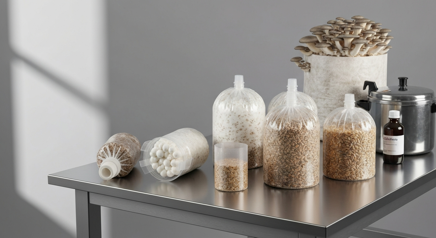 Studio photo of multiple polypropylene spawn bags with filter patches and injection ports on a stainless bench; a fabric grow bag and pressure cooker are blurred in the background.