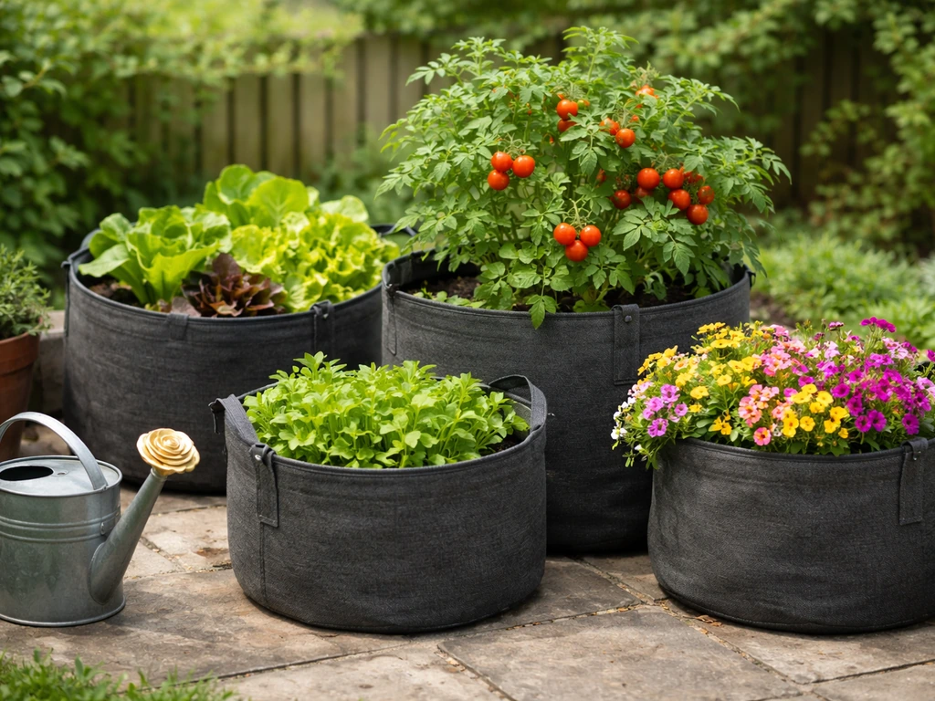 Fabric grow bags on a UK patio with tomatoes, salad greens, and flowers growing in mixed crops.