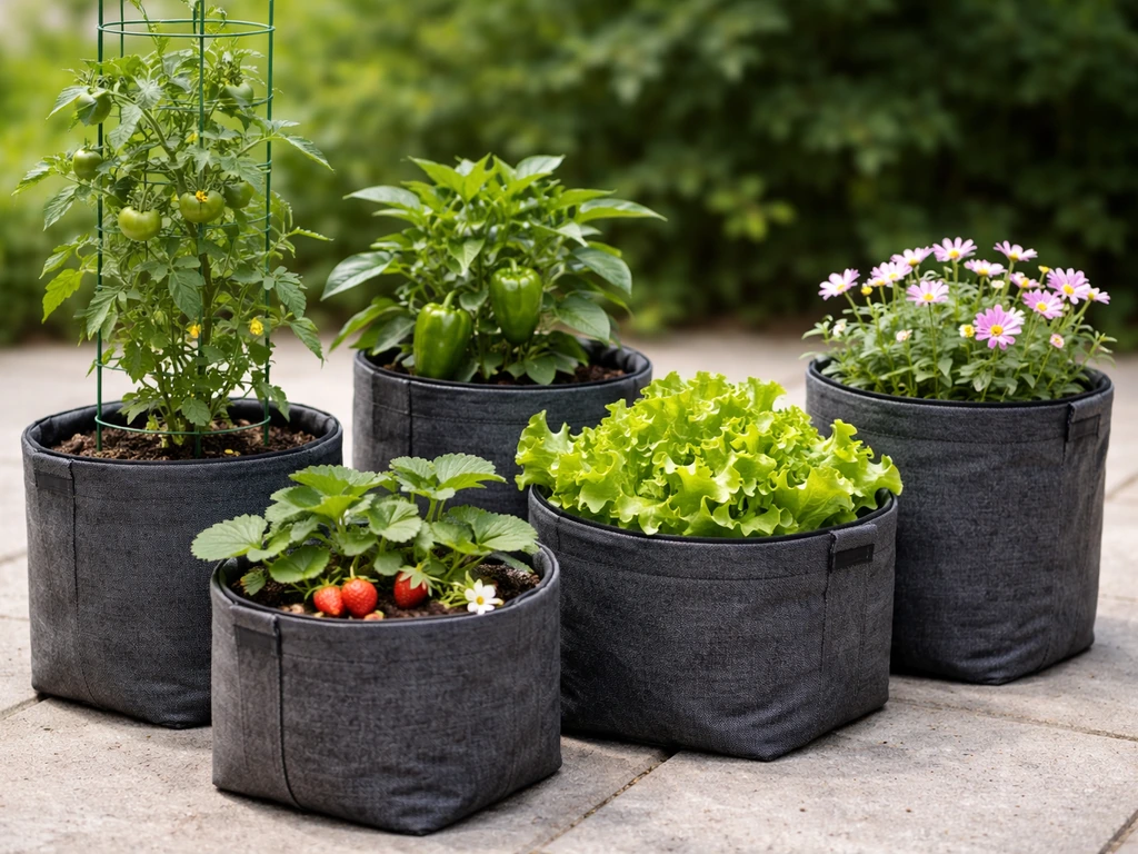 Tomatoes, peppers, salad leaves, strawberries and dwarf flowers growing in separate fabric grow bags.