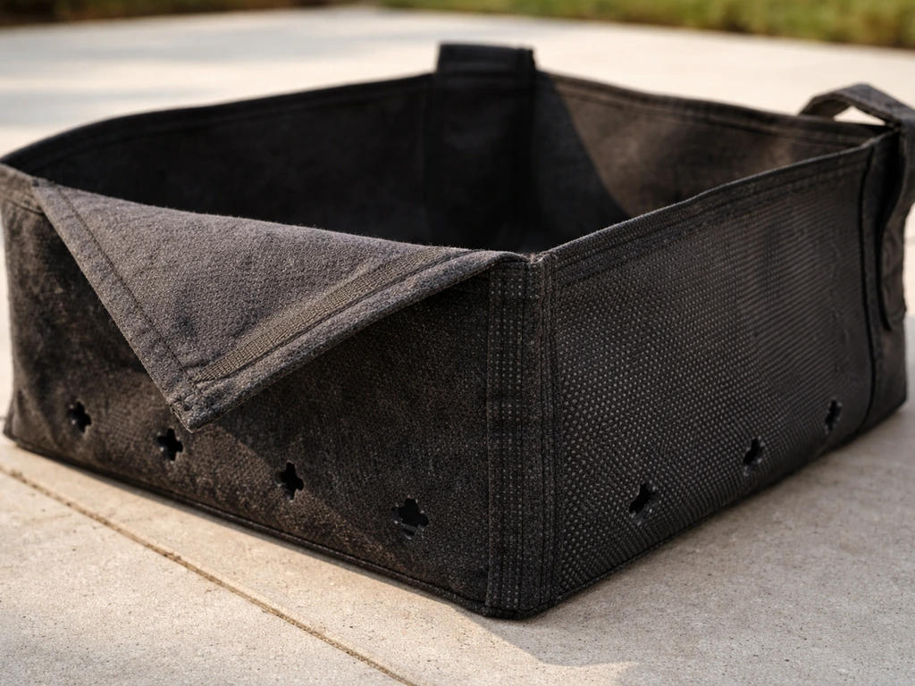 Close-up of a fabric grow bag showing cross-punched drainage holes, stitched seams, and reinforced handles.