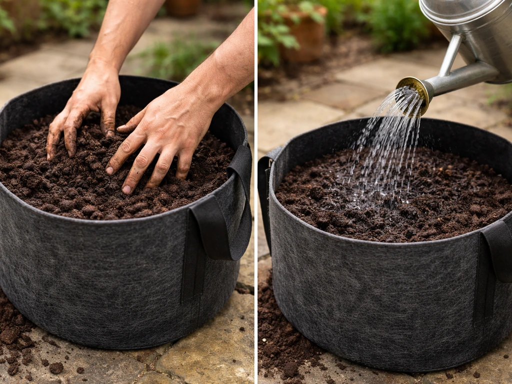 Hands filling a grow bag with compost, then watering at the soil surface with a watering can