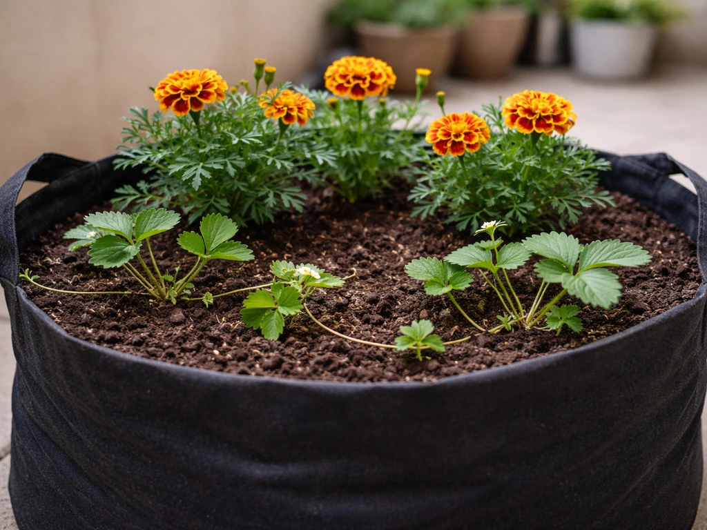 Dwarf French marigolds and small strawberry plants in grow bags, showing spaced roots and leafy growth