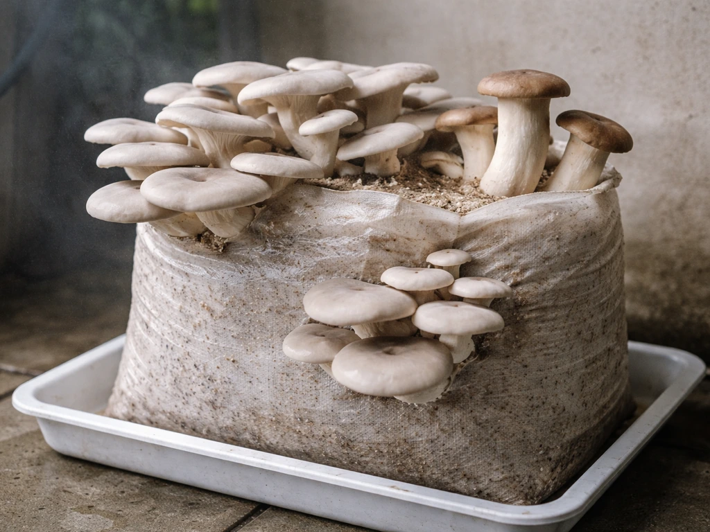 Fresh oyster and king oyster mushrooms fruiting from a fabric grow bag in a humid indoor setup