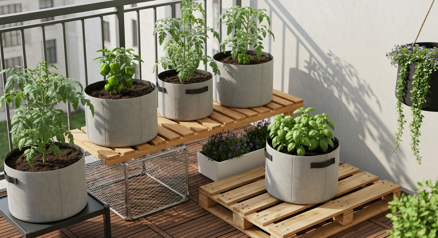 Sunny balcony with several elevated fabric grow bags on different low stands (wooden slat platform, metal mesh stand, pallet, hanging bag), showing healthy plants and drainage.