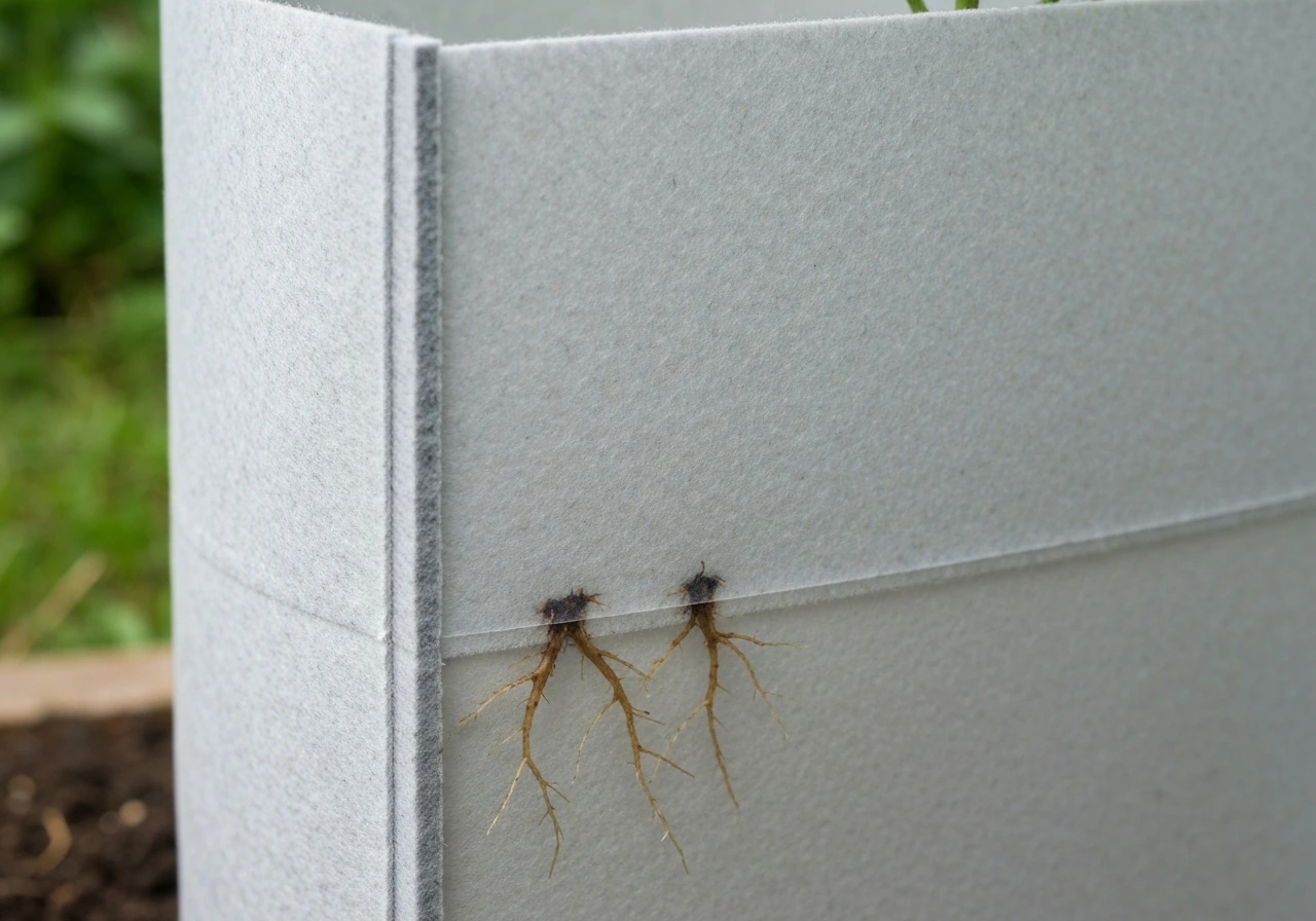 Close-up of fabric grow bag wall with visible root tips in an air-pruned root zone cutaway.