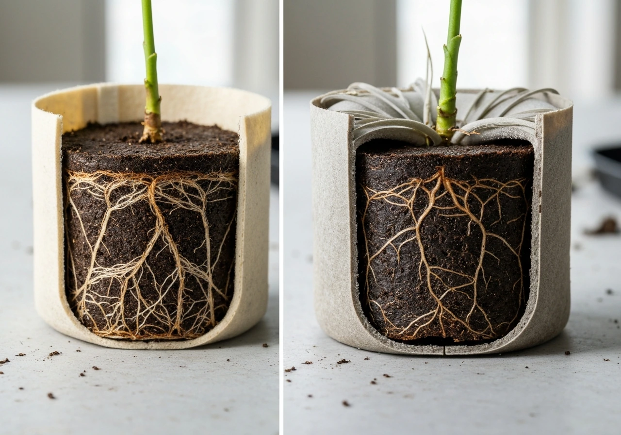Split view of cut-open roots: fabric grow bag roots vs air pot roots with reduced circling.