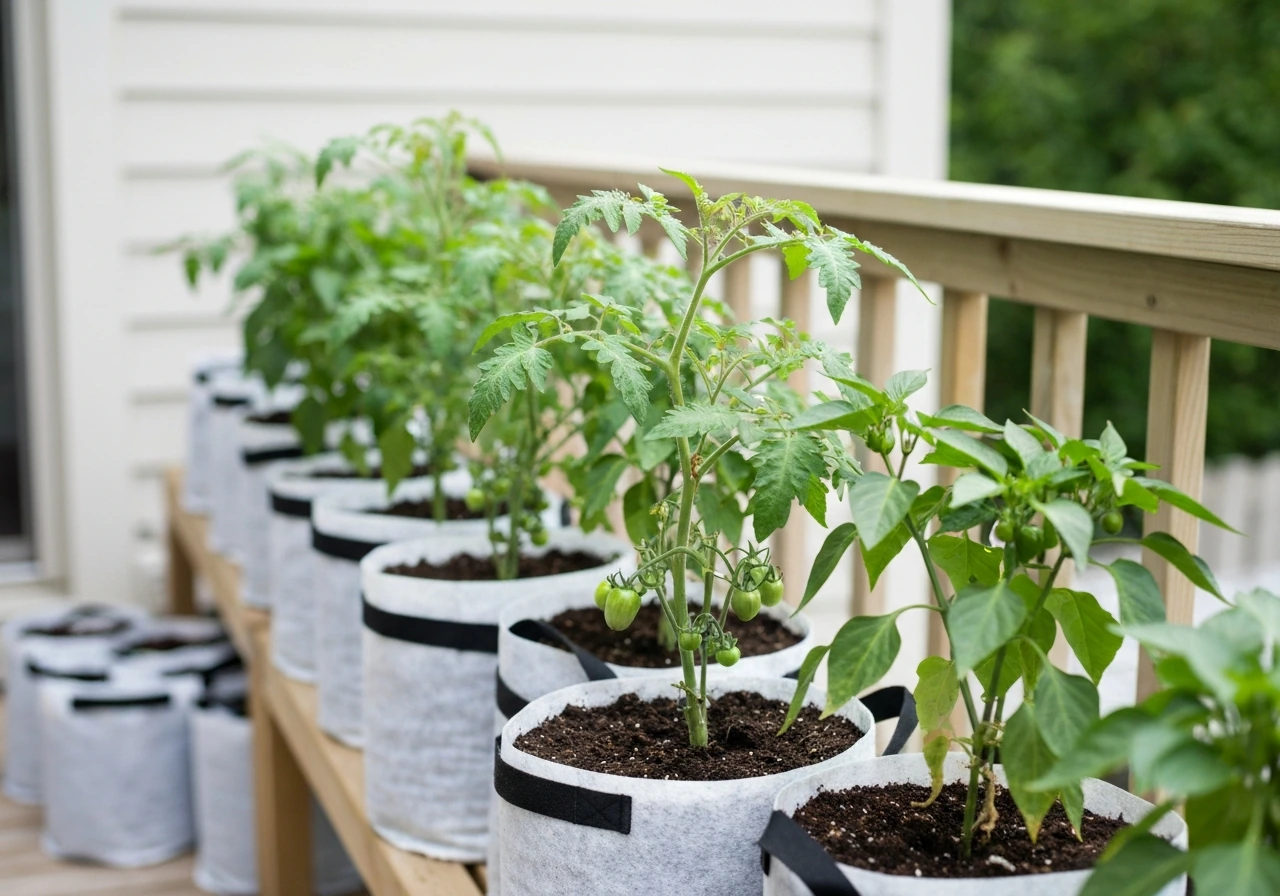 Tomato and pepper plants thriving in fabric grow bags on a sunny patio