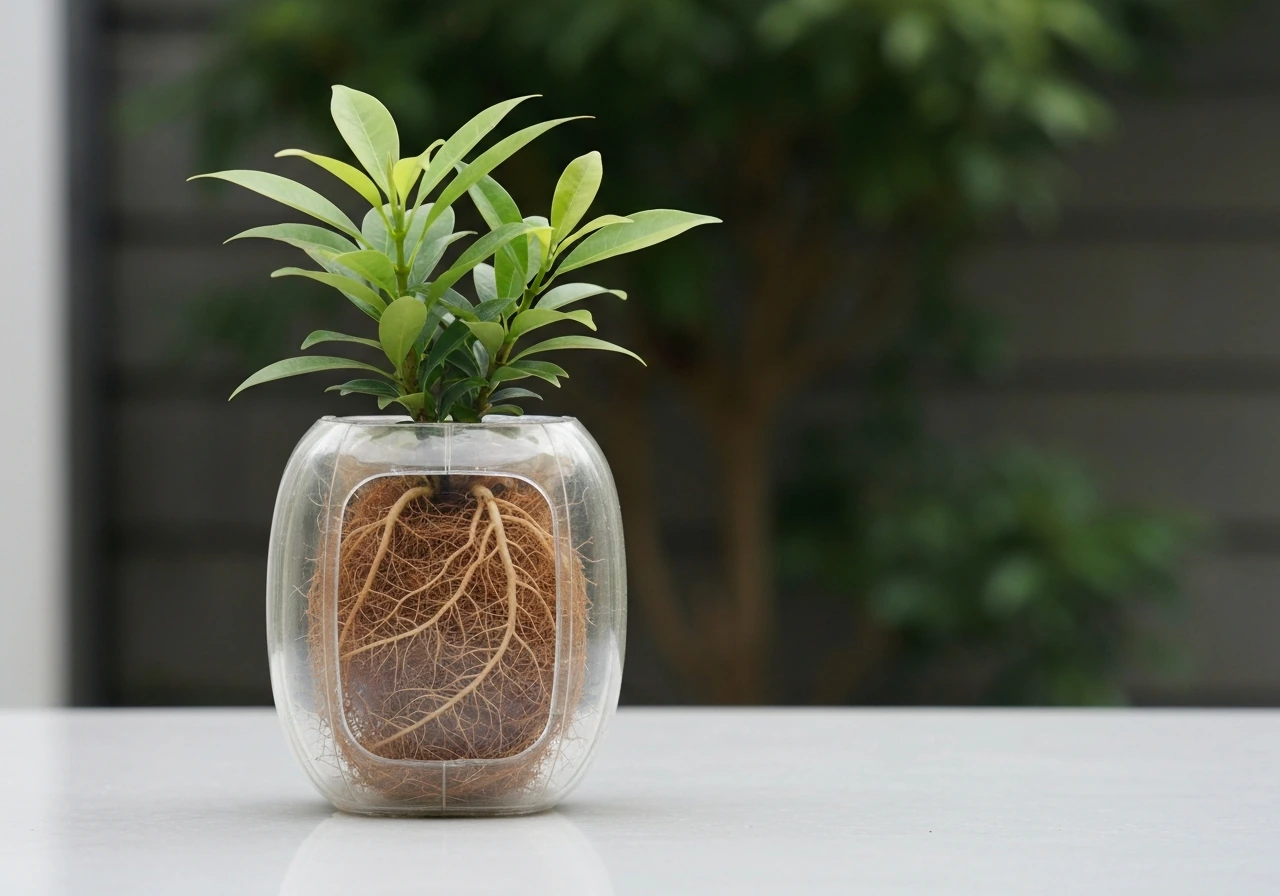 Healthy tree in an air pot with visible fibrous, well-branched roots through a clear container side.