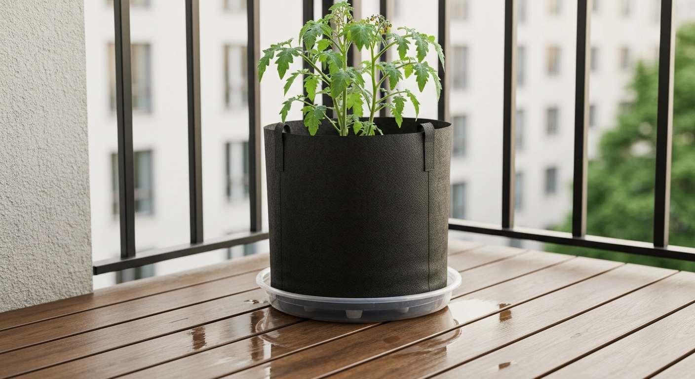 Fabric grow bag elevated on pot feet over a saucer on a wooden balcony, with a tomato plant growing.