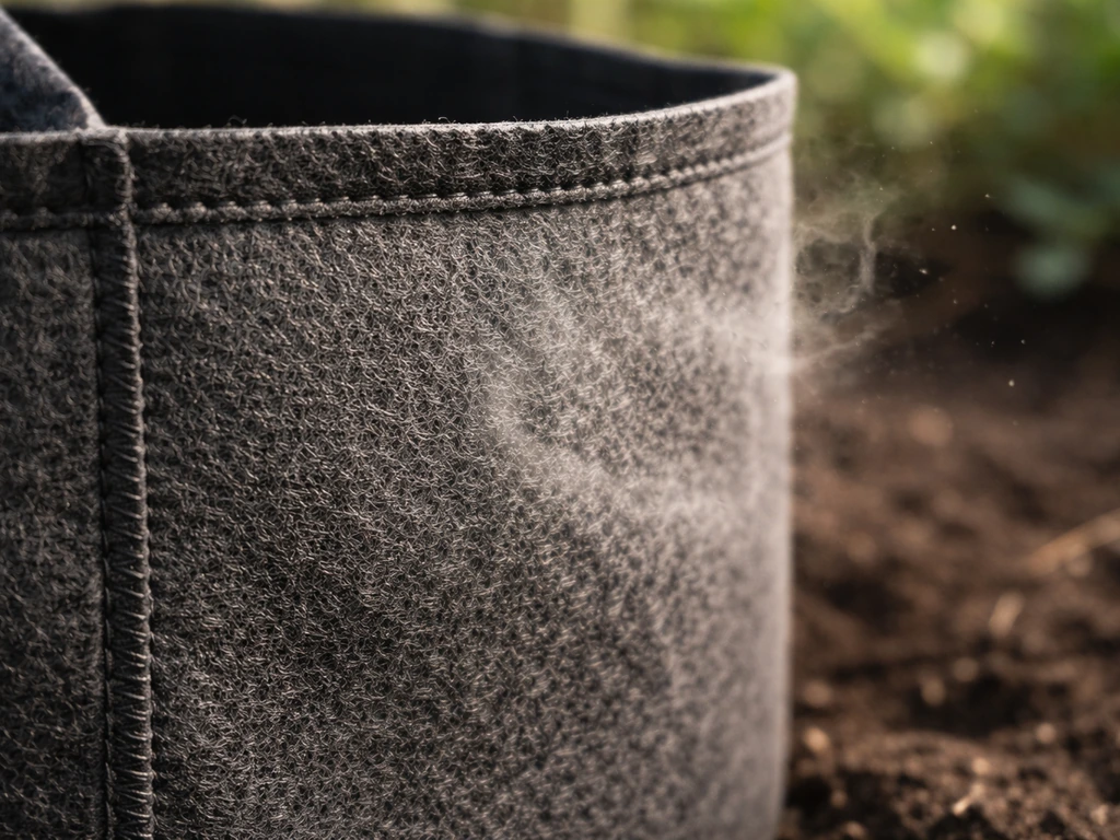 Close-up of breathable fabric grow bag with visible porous weave and soft airflow through the sidewall