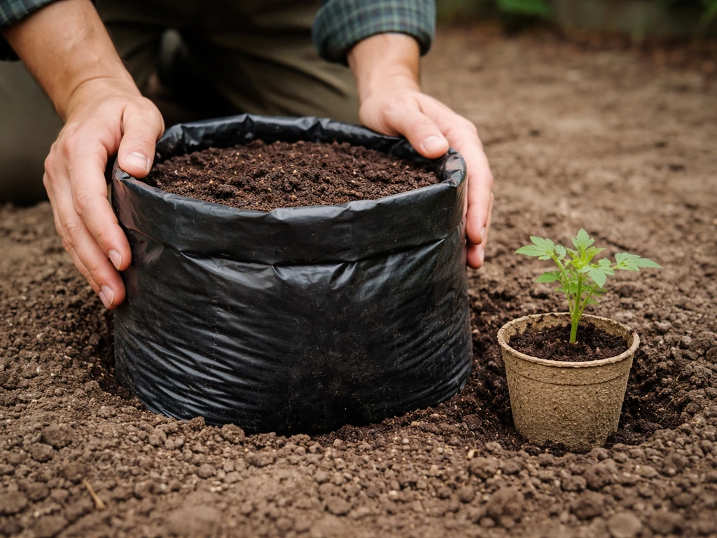 Gardener hands place a grow bag in its final spot and plant a seedling at the same soil depth.