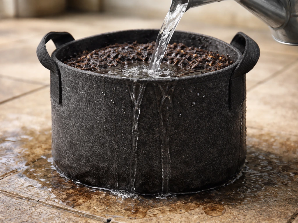 Hands pour water slowly into a fabric grow bag; water seeps out from the sides and bottom