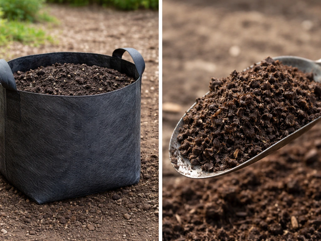 Side-by-side: a breathable fabric grow bag planter and a close view of rich finished compost.