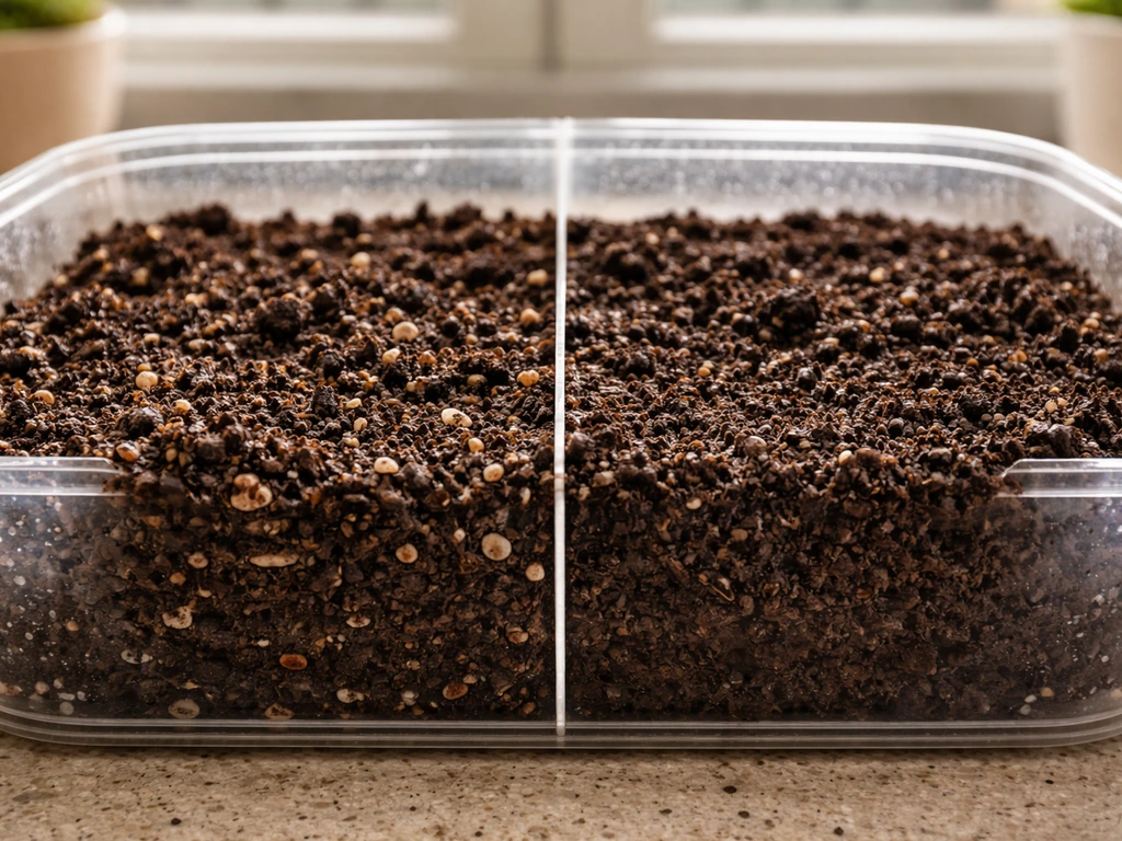 Planting container showing airy compost-mixed soil vs denser, compact soil texture and moisture.