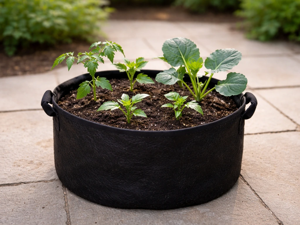 Fabric grow bag with compost and small tomato, pepper, and brassica seedlings on a patio.