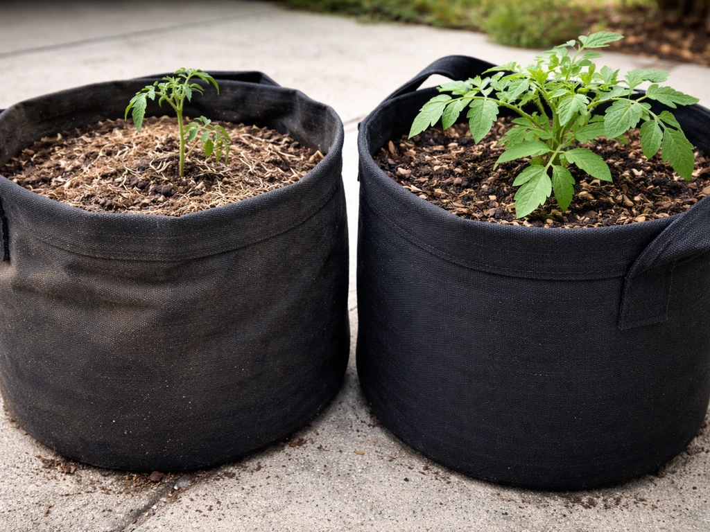 Close-up of two outdoor grow bags: one drying and wrinkled, the other evenly moist and healthy.