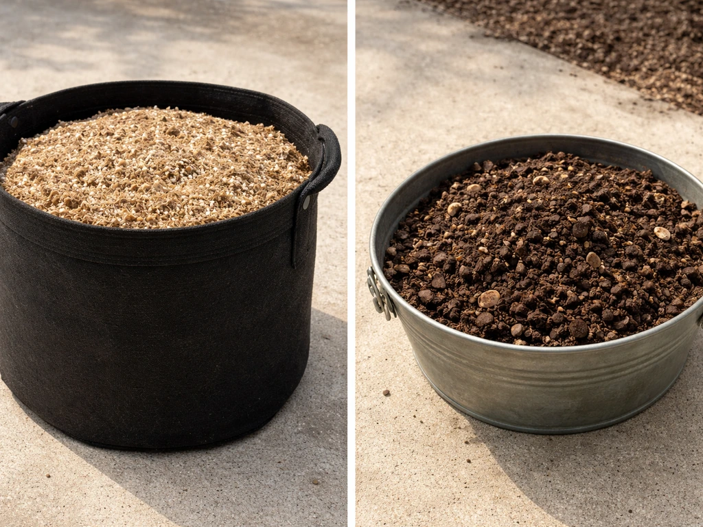 Side-by-side fabric grow bag with soilless mix and a bucket of finished compost texture.