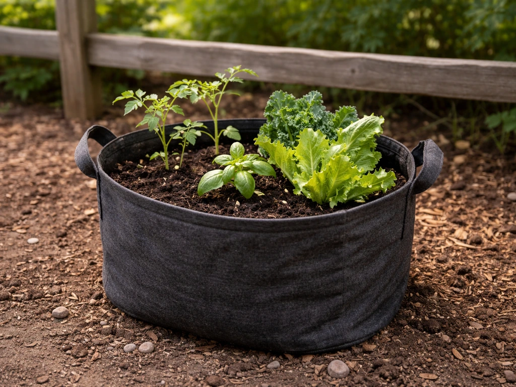 Vegetables growing in a fabric grow bag outdoors on soil, used as a container instead of a compost bin.