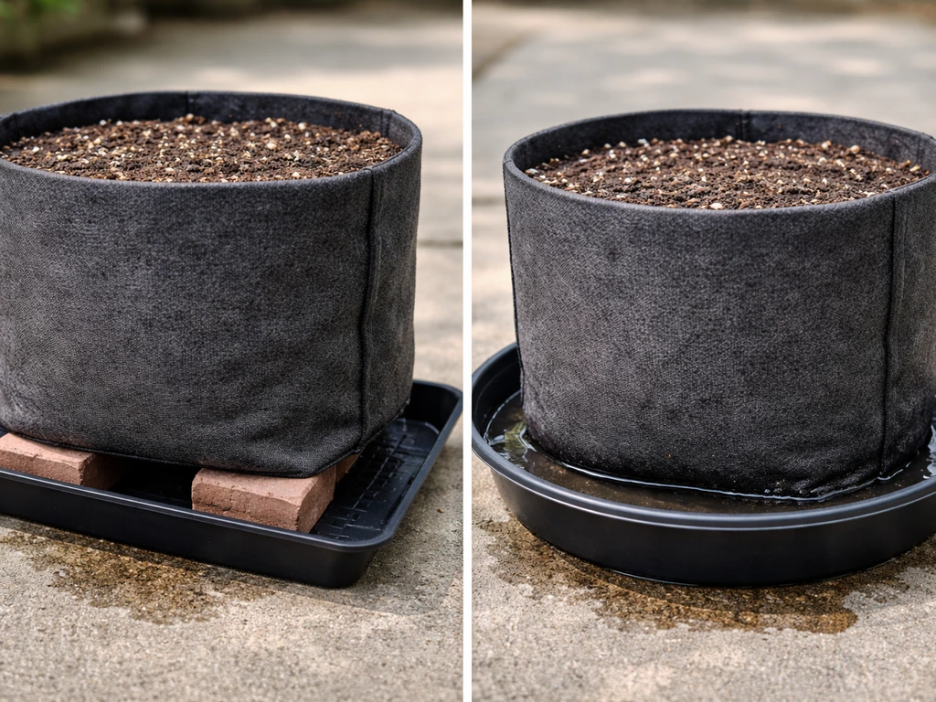Close-up of fabric grow bags showing proper airflow off the ground and improper standing water pooling beneath.