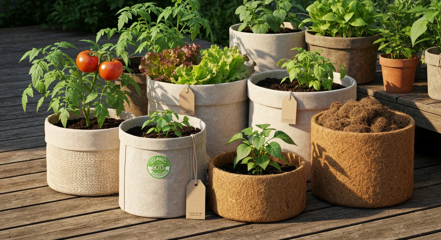Assortment of organic grow bags (cotton, jute, hemp, coir-blend) with vegetables on a wooden deck; one bag shows a generic “GOTS-certified” tag.