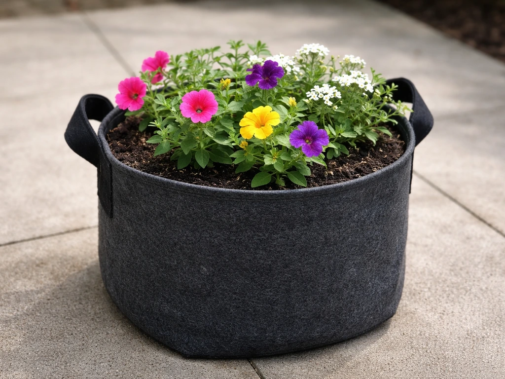 Colorful flower seedlings growing in a fabric grow bag on a sunny patio