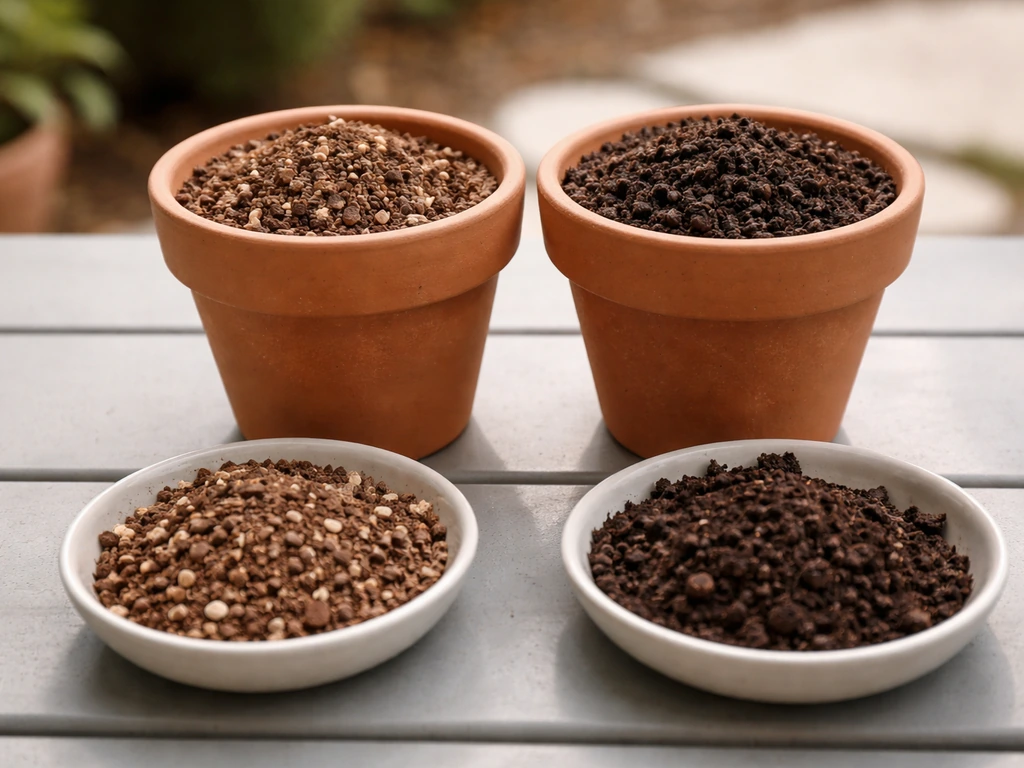 Side-by-side pots showing richer tomato-style mix vs lighter flower-style potting mix textures