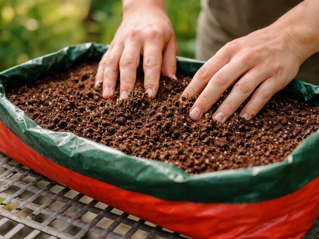 Hands fluff and level fresh lightweight potting mix inside a tomato grow bag