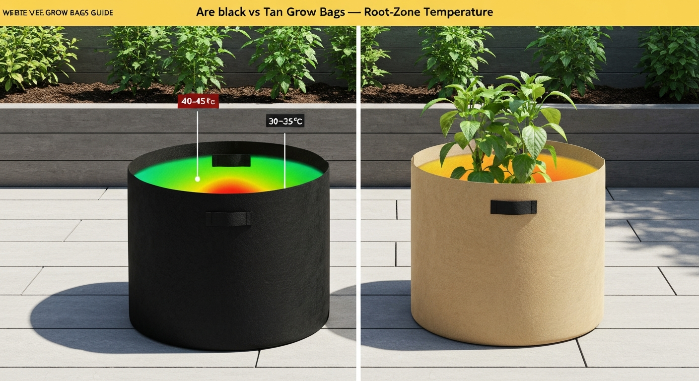Side-by-side photo-style comparison of a black grow bag and a tan grow bag in full sun with thermal overlays and temperature labels showing the black bag much hotter.