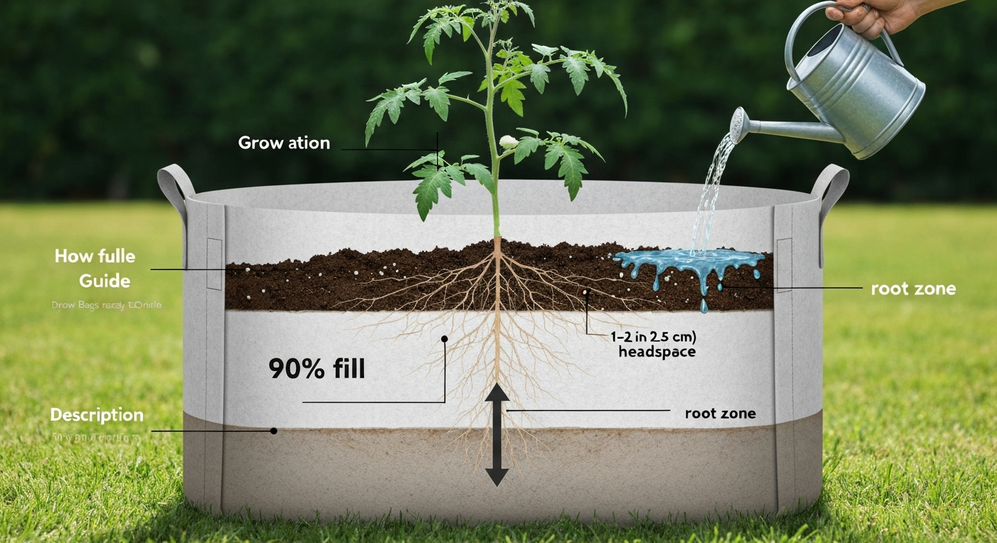 Cross-section of a fabric grow bag filled to about 90% with a tomato plant, showing a 1–2 inch headspace, visible roots, and a watering can applying water without overflow.