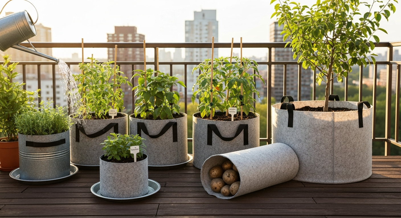 Balcony with several fabric grow bags in different sizes planted with vegetables and a small tree; a hand waters plants with a can; bags show felt texture and saucers underneath.