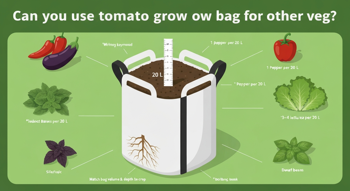 Infographic-style cutaway of a 20L fabric tomato grow bag showing root depth (up to 30 cm) with labeled vegetables around it: pepper, eggplant, lettuce, basil and dwarf beans and a caption 'Match bag volume & depth to crop'.