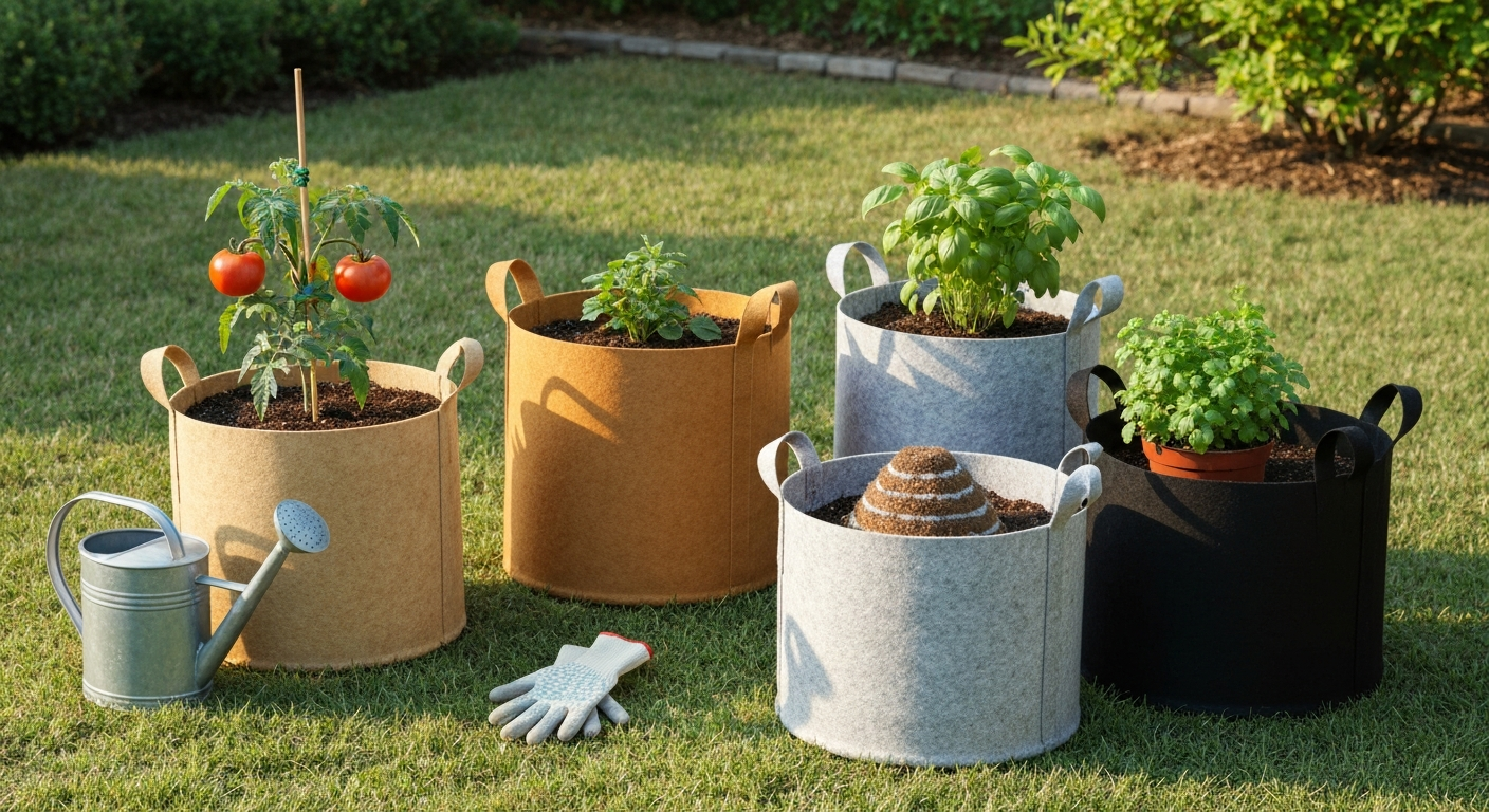 Backyard scene with assorted tan, gray and black fabric grow bags in different sizes planted with tomato, potato and herbs; close enough to show fabric texture and reinforced handles.