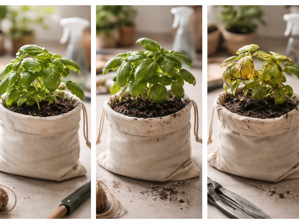 Three simple close-up scenes of bags: clean plants for reuse, lightly soiled bag for sanitize, and pest-damaged bag for