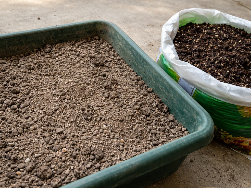 Depleted old potting mix texture in a bin next to a bag of fresh mix for comparison.