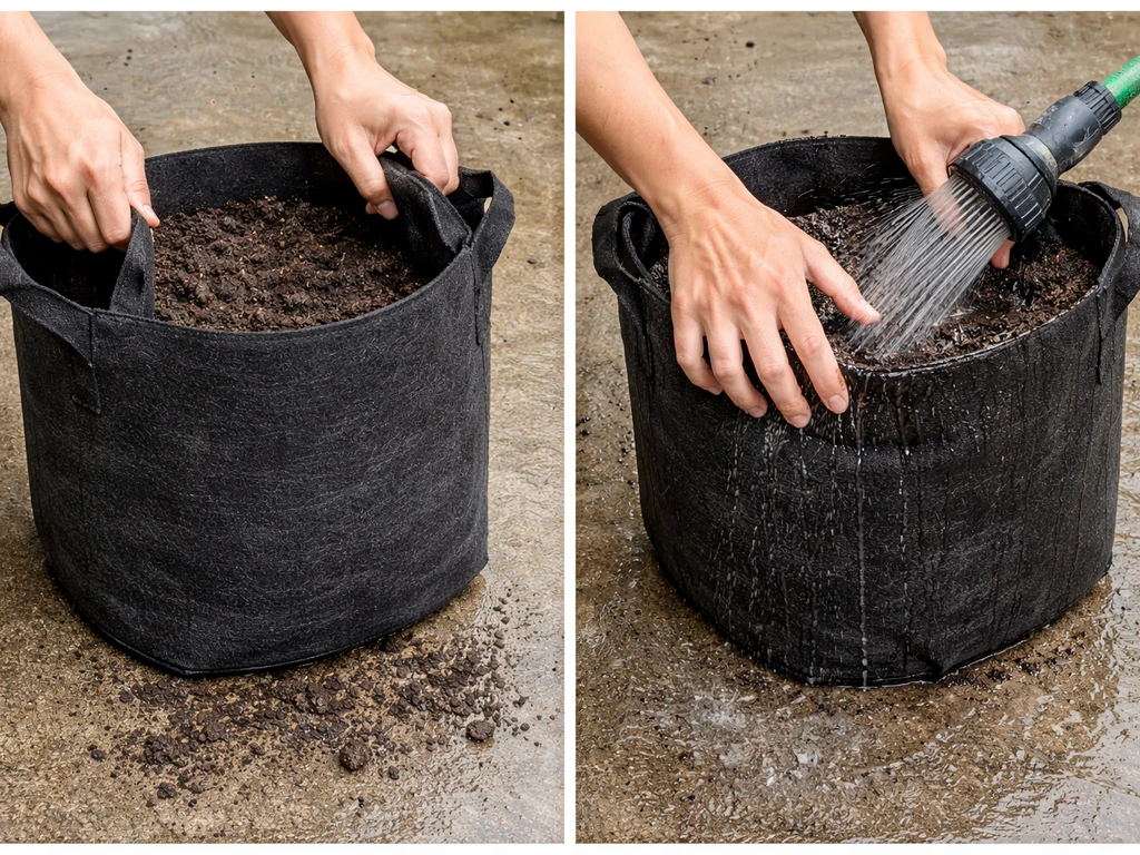 Hands shaking and hosing down a fabric grow bag to remove loose soil