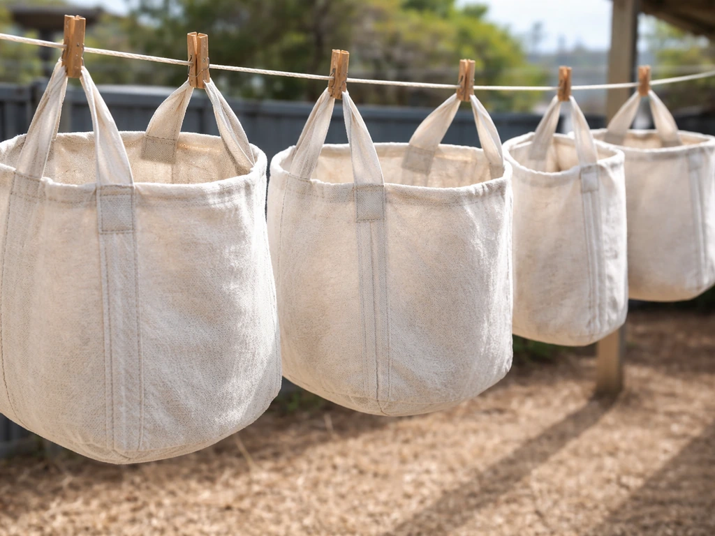 Fully dry grow bags hanging inside out on a fence in a dry, airy outdoor spot.