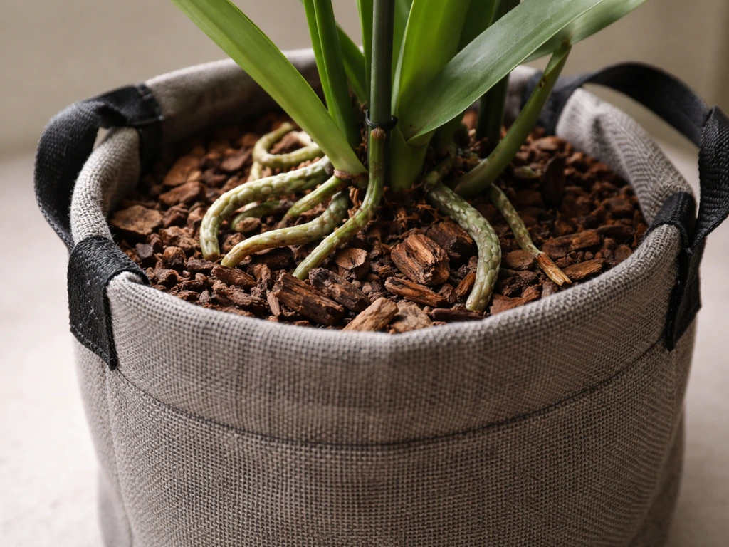 Close-up of an orchid growing in a fabric grow bag with coarse medium and visible roots