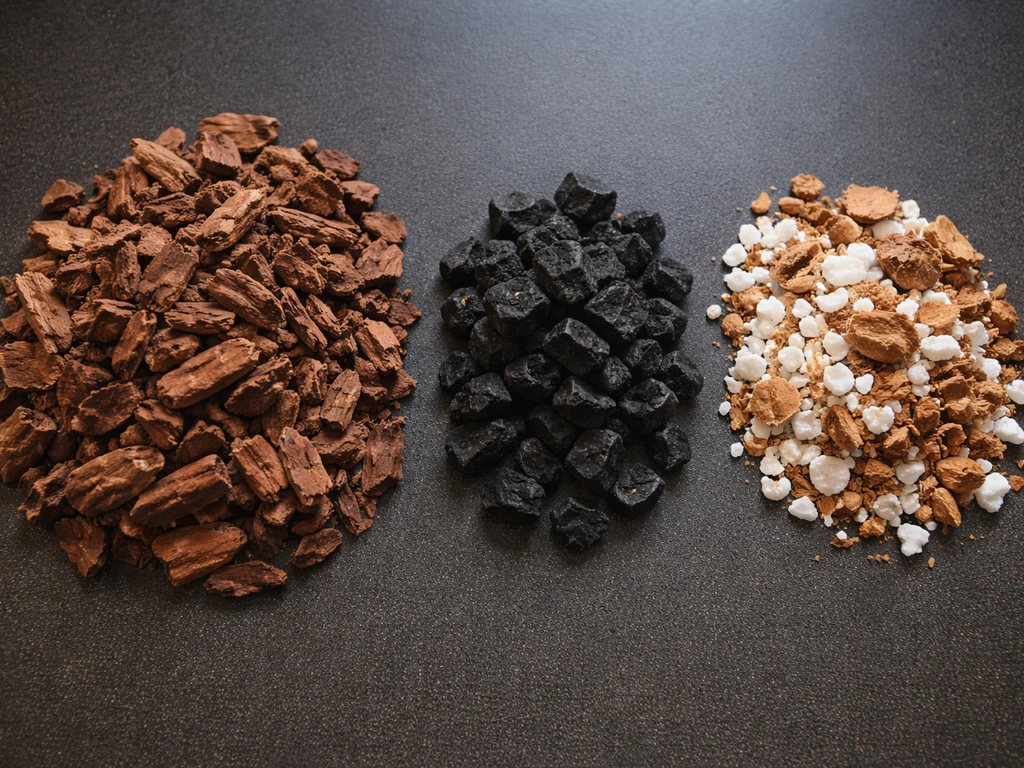 Coarse fir bark with chunky orchid mix amendments laid out for texture and size comparison.