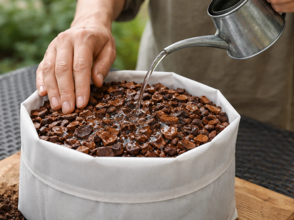 Hands watering an orchid grow bag with tepid water, then checking moisture with a finger.