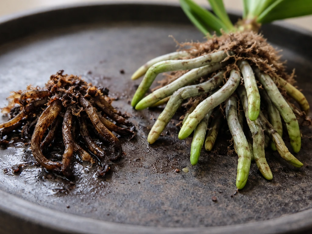 Close-up of orchid roots showing mushy brown/black collapsed root rot next to firm healthy green tips.