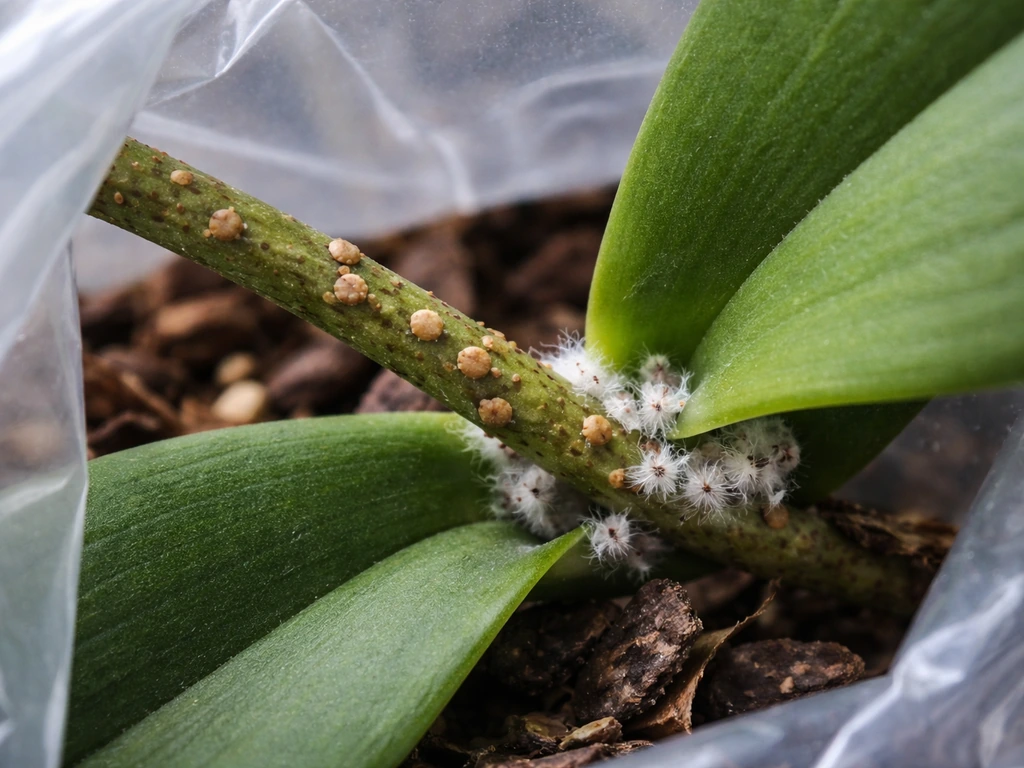 Close-up of an orchid stem with brown scale bumps and small white cottony mealybug clusters.