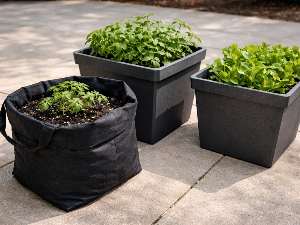 Floppy grow bag beside or inside a rigid planter pot on a patio, showing stability vs tipping.