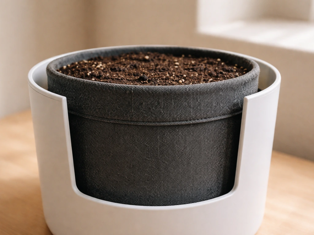 Side view of a fabric grow bag separated from an outer pot wall, showing a clear airflow air gap.