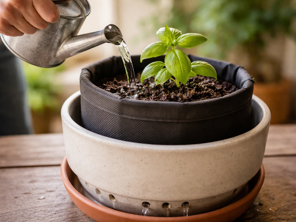 Water poured into a potted plant until it runs out of the drainage holes