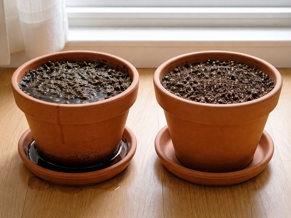 Two potted plants: waterlogged dark soil with standing water and mild mold next to a properly drained pot.