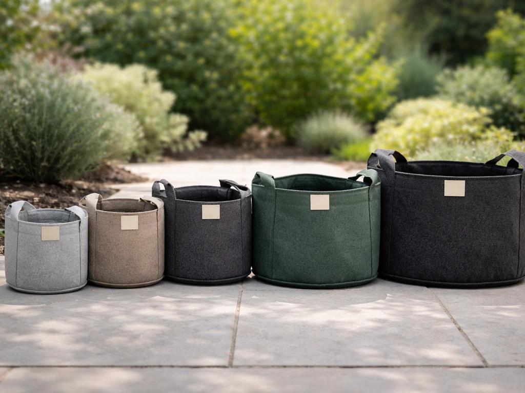 Several fabric grow bags of different sizes lined up on a garden staging surface in natural light.