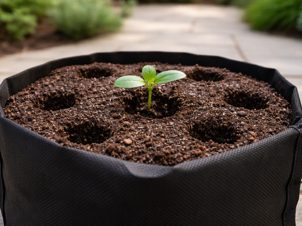 Close-up of a pre-filled compost grow bag with planting holes and a small seedling ready to plant